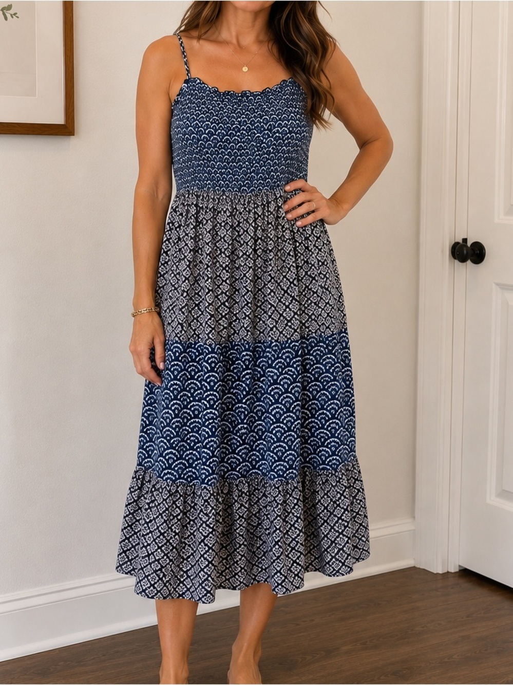Blue Patterned Maxi Dress with Spaghetti Straps 👗